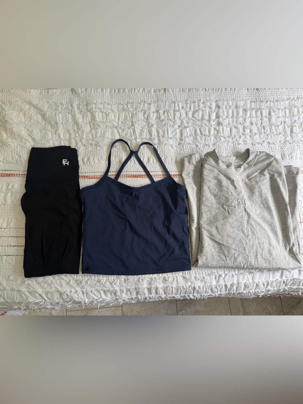 First Health 3-Piece Set - Navy Tank, Black Shorts, Gray Top